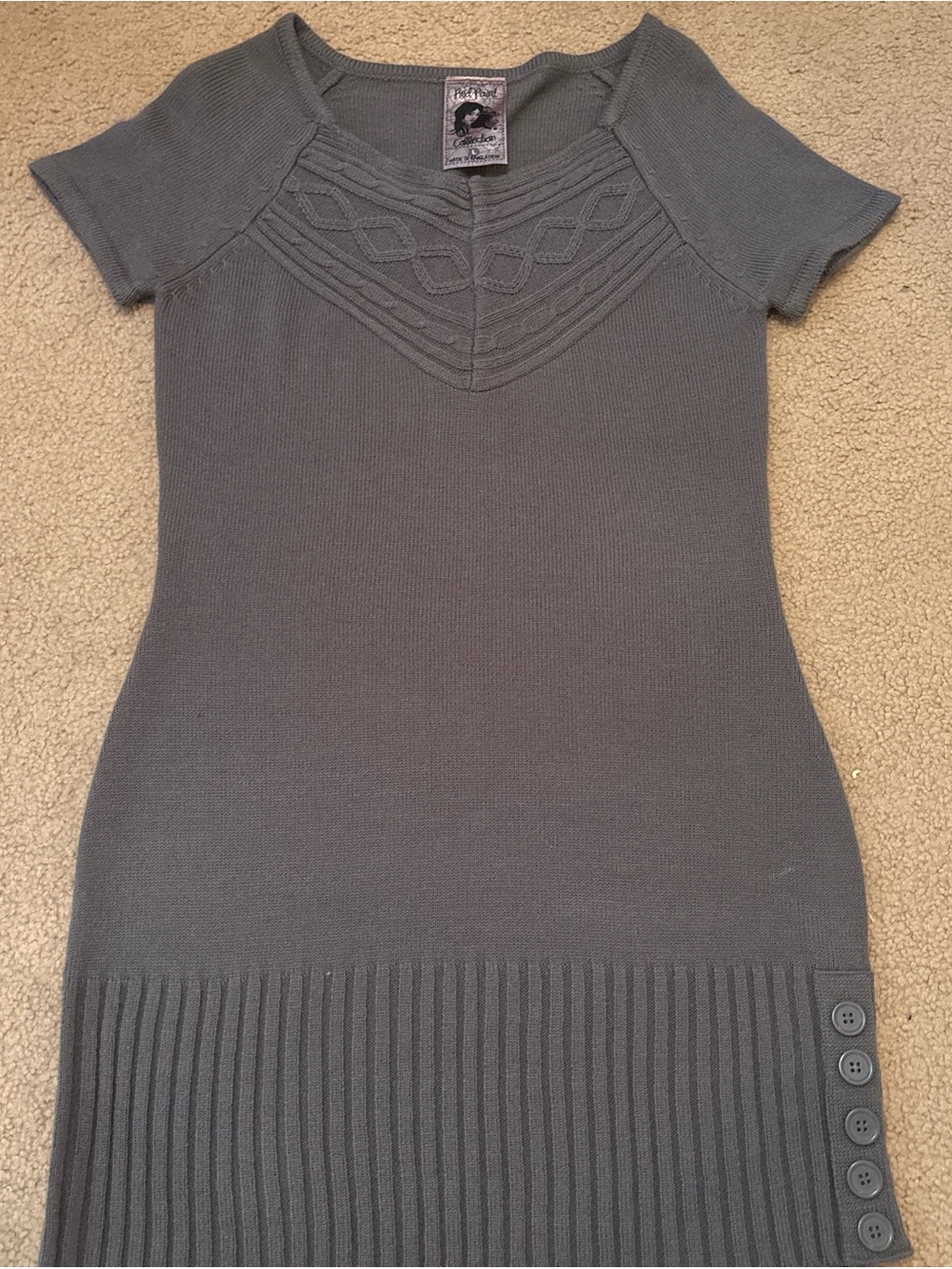 Gray Short Sleeve Knit Dress with Button Detail